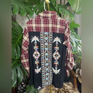 Faveur brand red, beige, and black plaid button-down